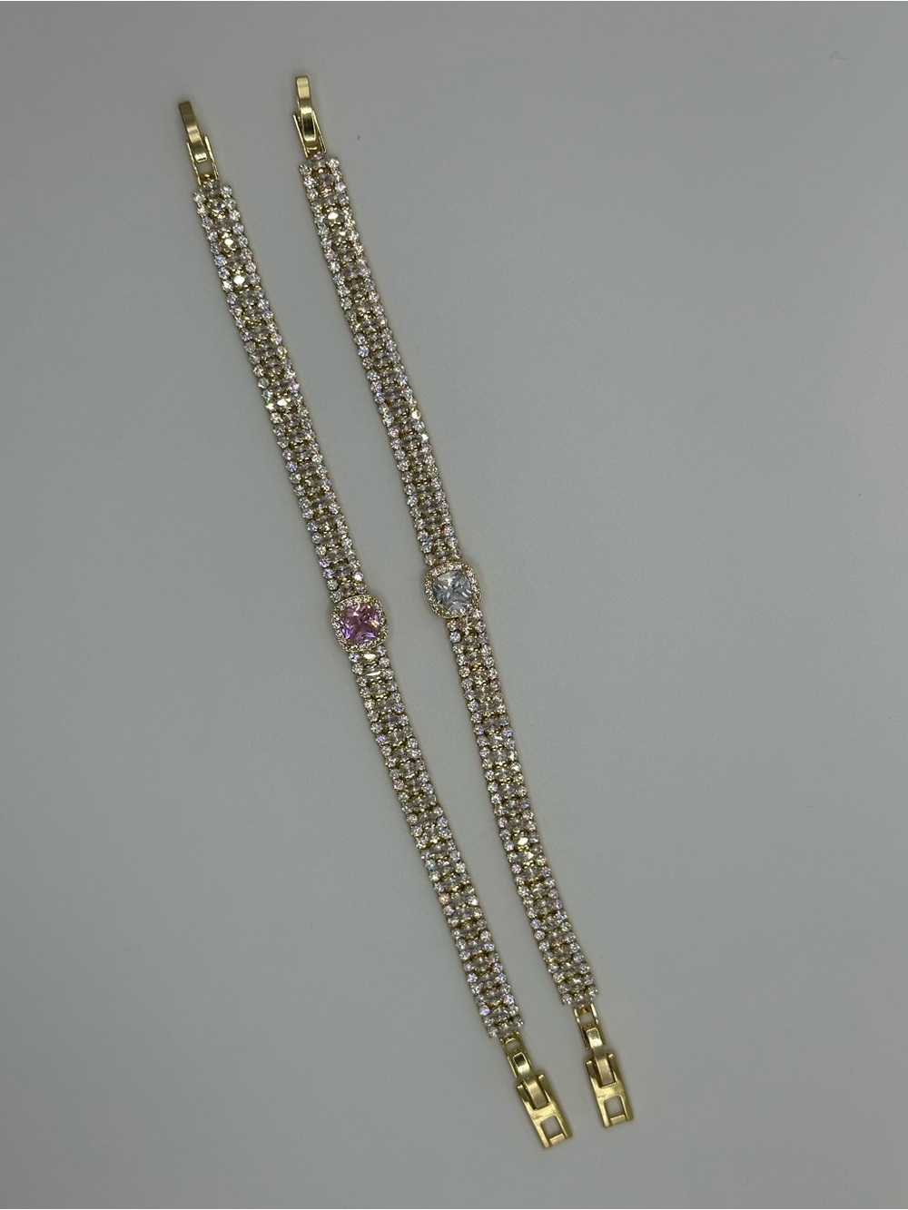 Gold Crystal Tennis Bracelets with Pink and Clear Centerstones